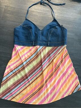 Vintage Y2K Olian Denim Bustier Camisole with Multicolor Diagonal Stripe tank M